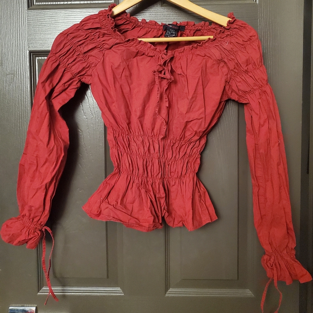 Burgundy Sonya peasant top with elastic and tie accents size Small